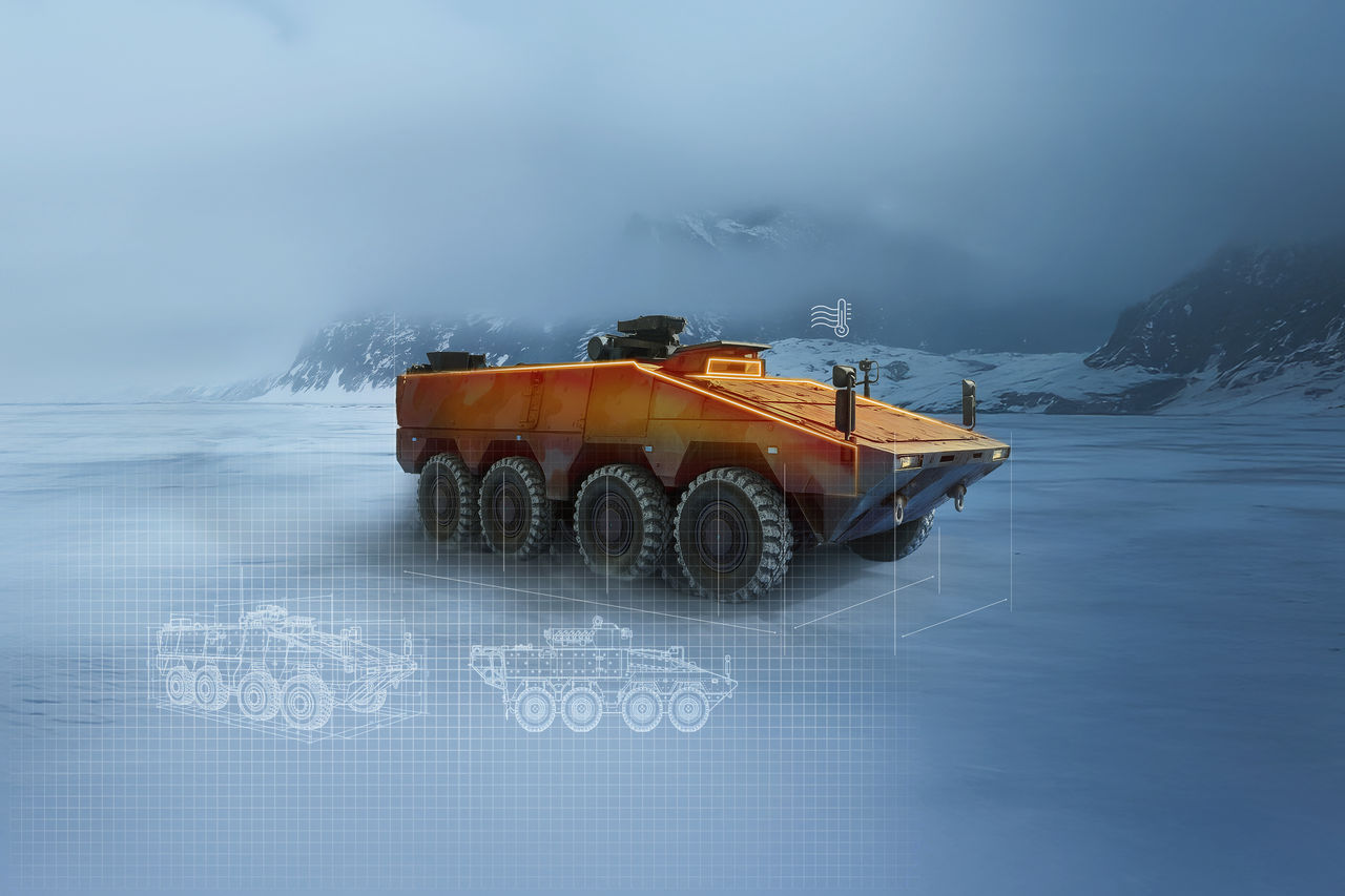 Armored 8x8 vehicle on arctic terrain with blueprint overlays, demonstrating Webasto thermal management and electrification for extreme-climate mobile platforms.