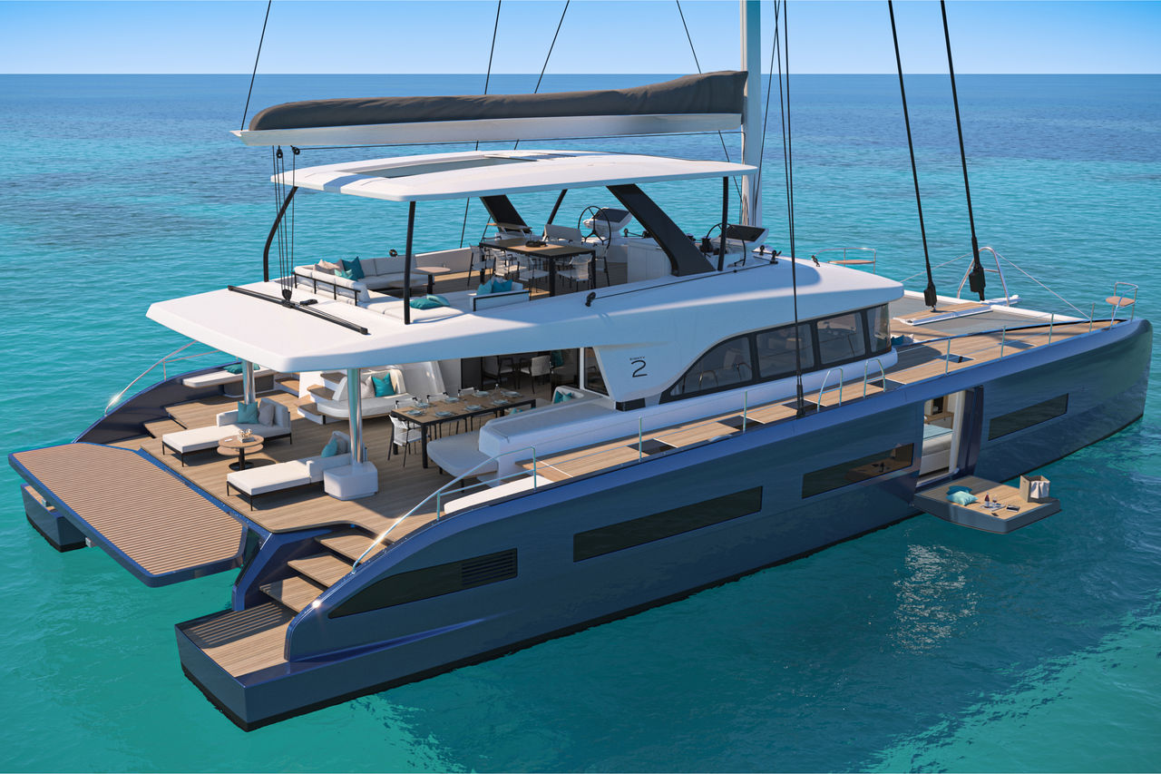 3D-Visualisierung des Lagoon EIGHTY 2 Katamarans mit Fokus auf Außenbereiche und mögliche Integration von Webasto-Batterie- und Wärmemanagementlösungen für PR