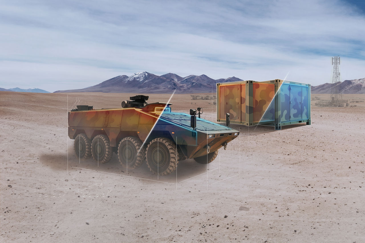 Visual for Eurosatory press release depicting a Boxer vehicle and shelter, showcasing Webasto as a systems partner for electrification and thermal management.